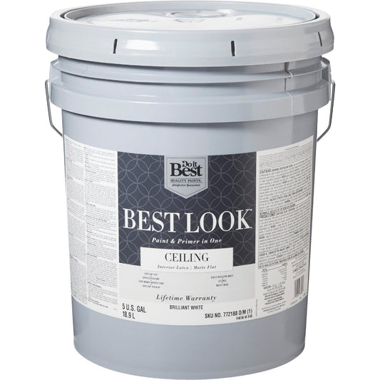 Best Look Latex Paint & Primer In One Matte Flat Ceiling Paint, Brilliant White, 5 Gal.