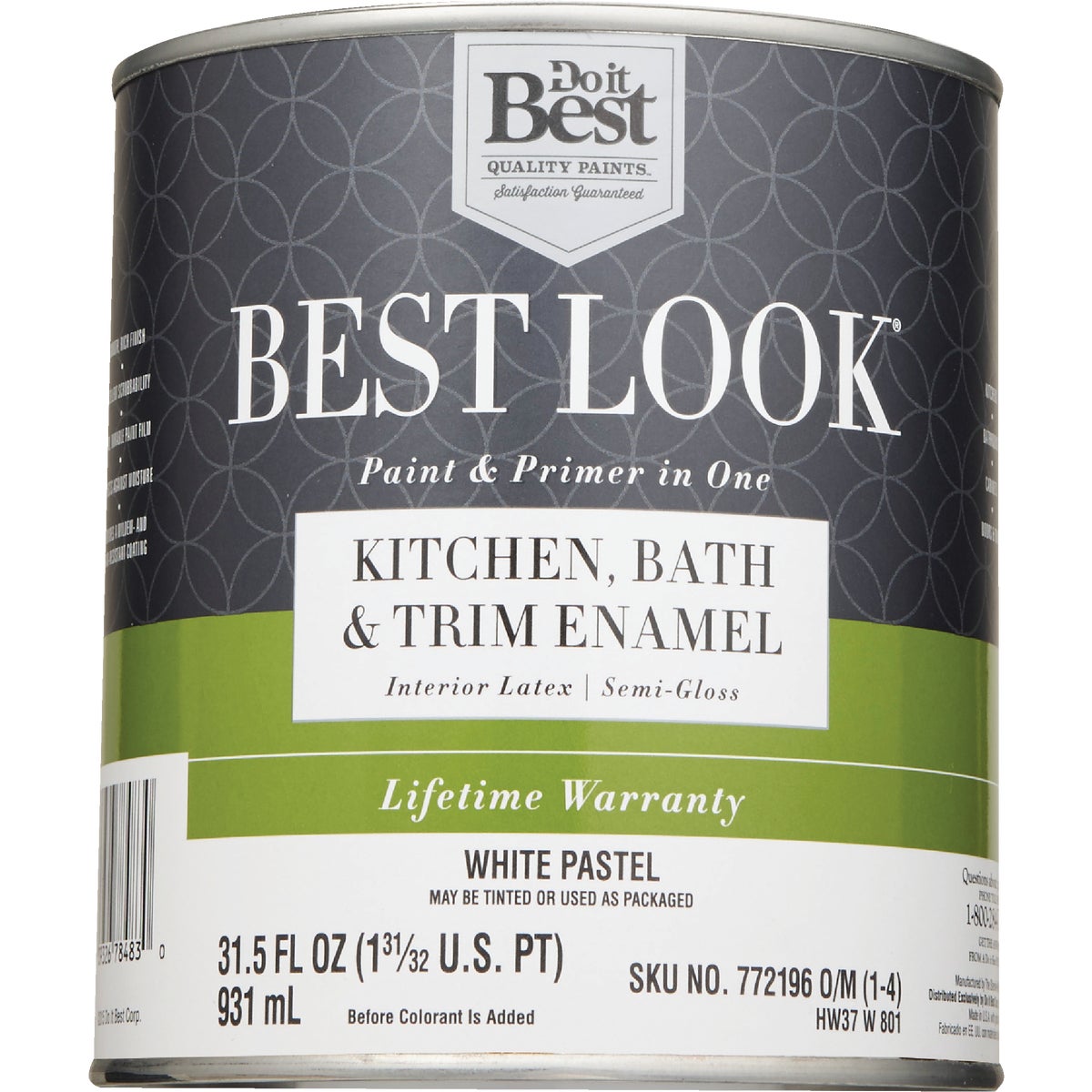 Best Look Latex Paint & Primer In One Kitchen Bath & Trim Semi-Gloss Interior Wall Paint, White-Pastel Base, 1 Qt.