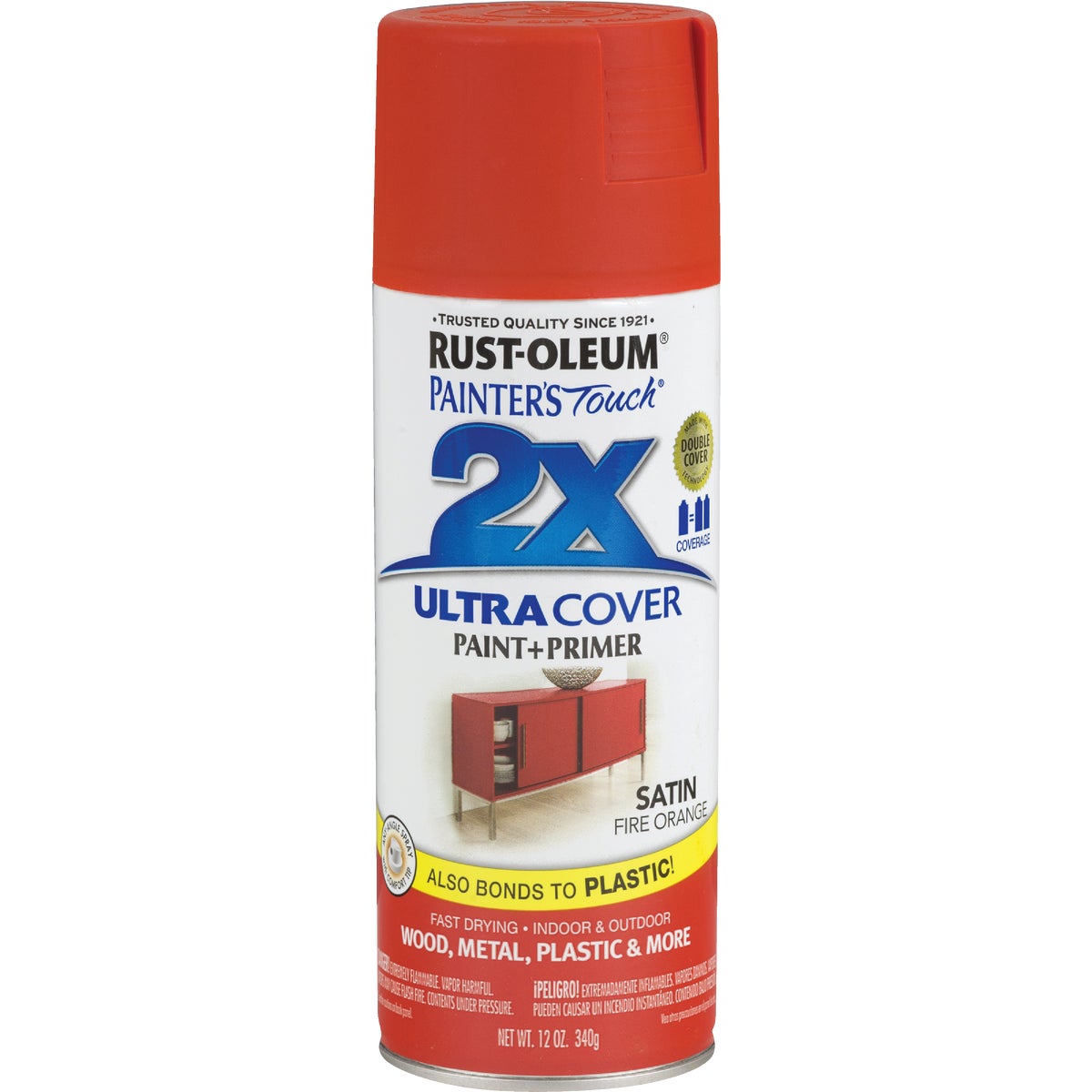 Rust-Oleum Painter's Touch 2X Ultra Cover 12 Oz. Satin Paint + Primer Spray Paint, Fire Orange