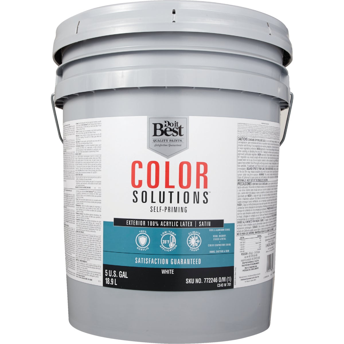 Do it Best Color Solutions 100% Acrylic Latex Self-Priming Satin Exterior House Paint, White, 5 Gal.