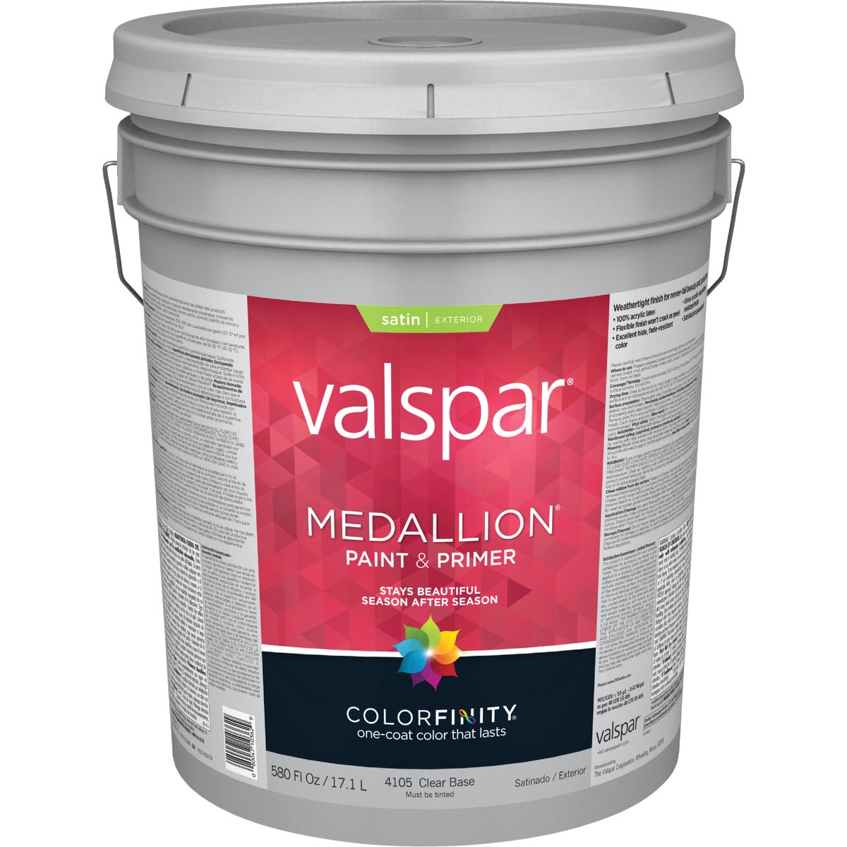 Valspar Medallion 100% Acrylic Paint & Primer Satin Exterior House Paint, Clear Base, 5 Gal.