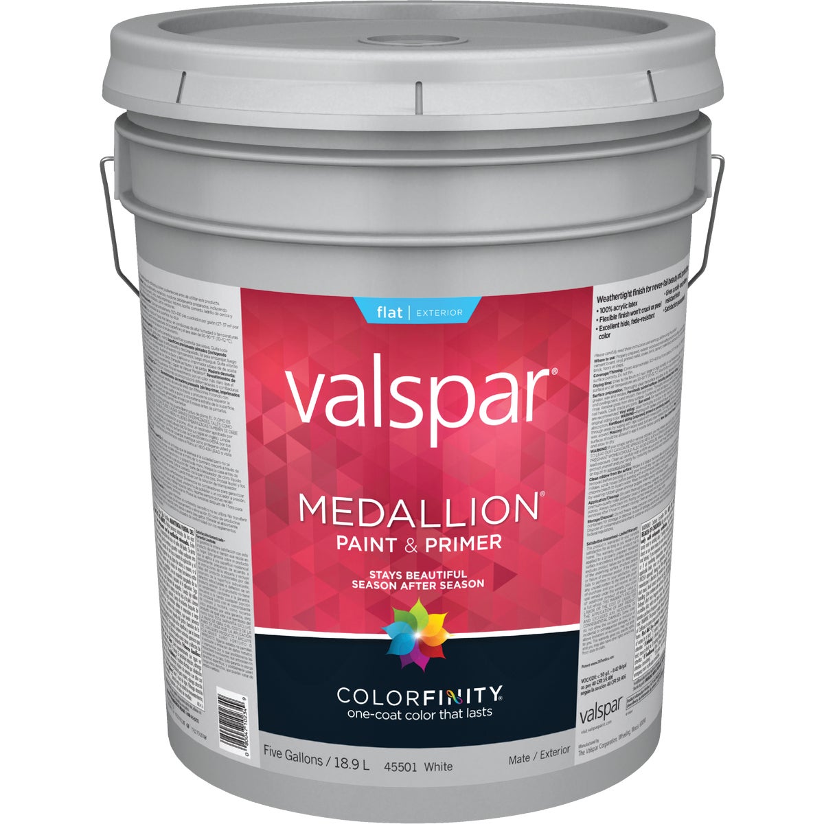 Valspar Medallion 100% Acrylic Paint & Primer Flat Exterior House Paint, White, 5 Gal.