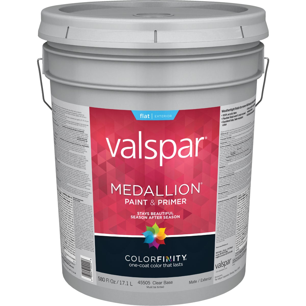 Valspar Medallion 100% Acrylic Paint & Primer Flat Exterior House Paint, Clear Base, 5 Gal.