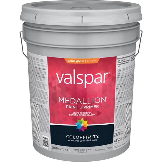 Valspar Medallion 100% Acrylic Paint & Primer Semi-Gloss Exterior House Paint, Clear Base, 5 Gal.