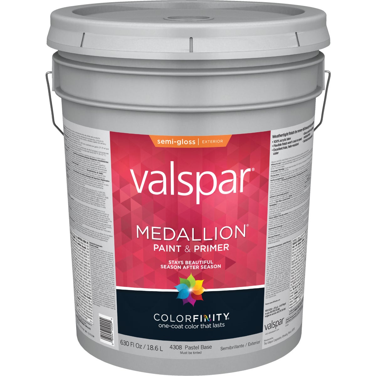 Valspar Medallion 100% Acrylic Paint & Primer Semi-Gloss Exterior House Paint, Pastel Base, 5 Gal.