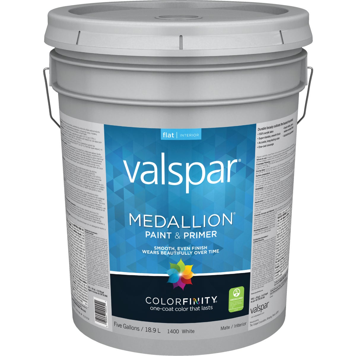 Valspar Medallion 100% Acrylic Paint & Primer Flat Interior Wall Paint, White, 5 Gal.