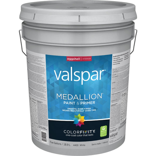 Valspar Medallion 100% Acrylic Paint & Primer Eggshell Interior Wall Paint, White, 5 Gal.