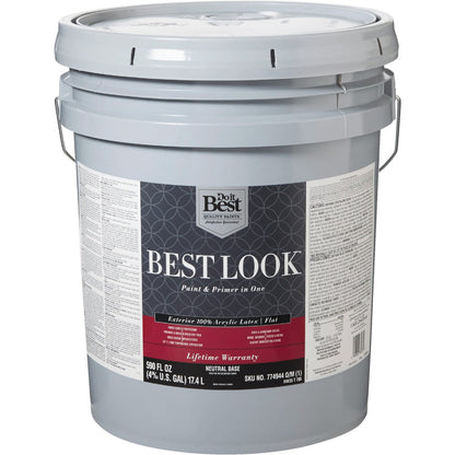 Best Look 100% Acrylic Latex Paint & Primer In One Flat Exterior House Paint, Neutral Base, 5 Gal.