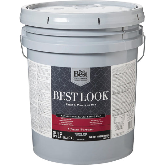 Best Look 100% Acrylic Latex Paint & Primer In One Flat Exterior House Paint, Neutral Base, 5 Gal.