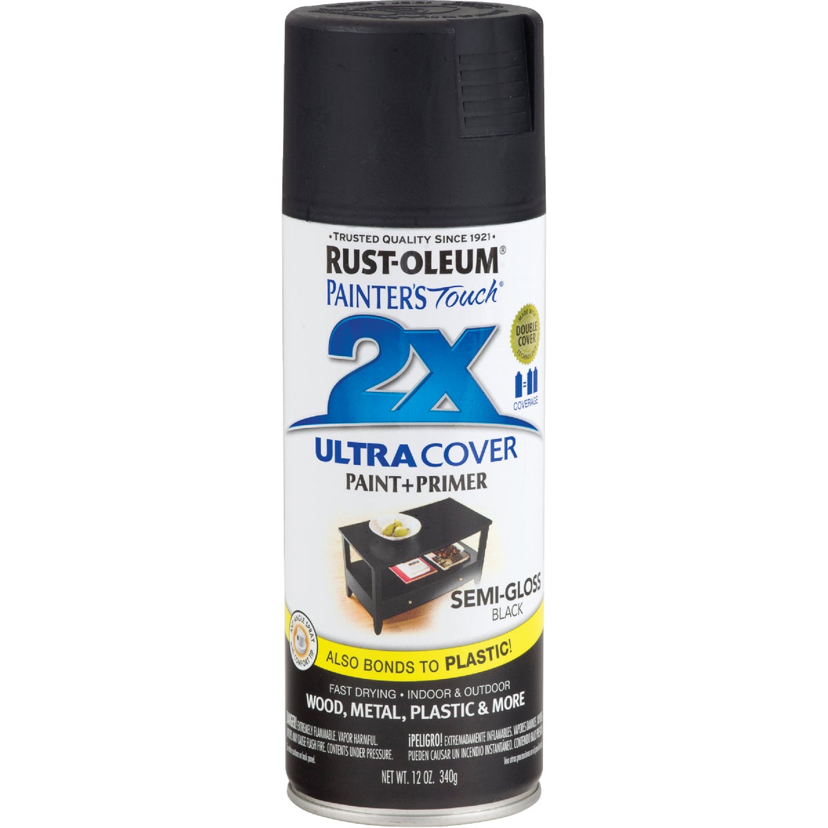 Rust-Oleum Painter's Touch 2X Ultra Cover 12 Oz. Semi-Gloss Paint + Primer Spray Paint, Black