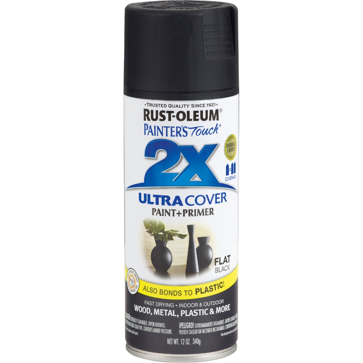 Rust-Oleum Painter's Touch 2X Ultra Cover 12 Oz. Flat Paint + Primer Spray Paint, Black