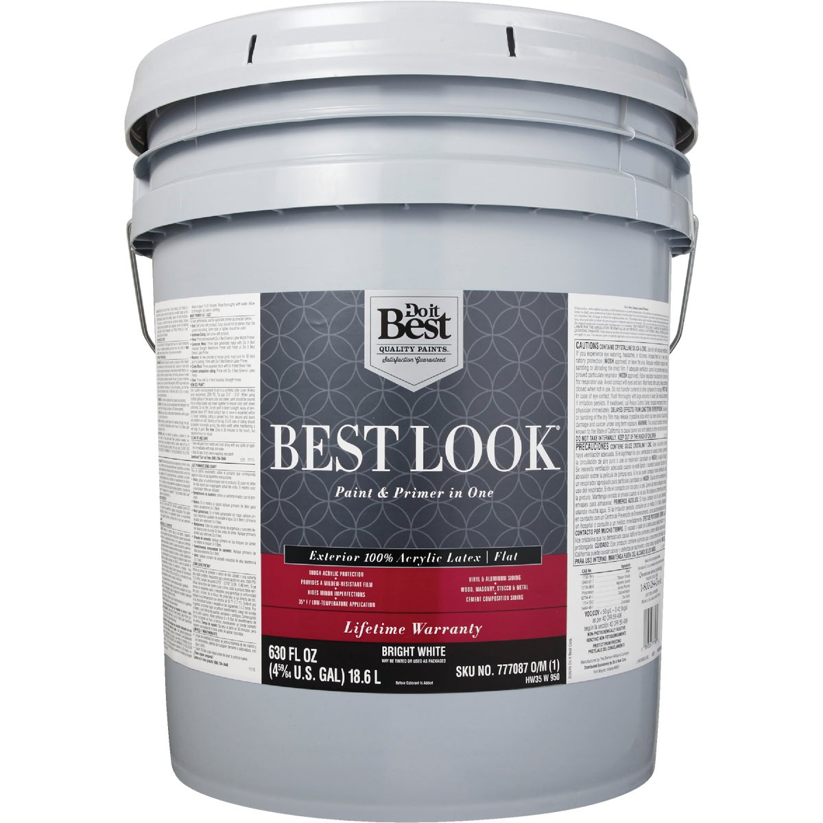 Best Look 100% Acrylic Latex Paint & Primer In One Flat Exterior House Paint, Bright White, 5 Gal.