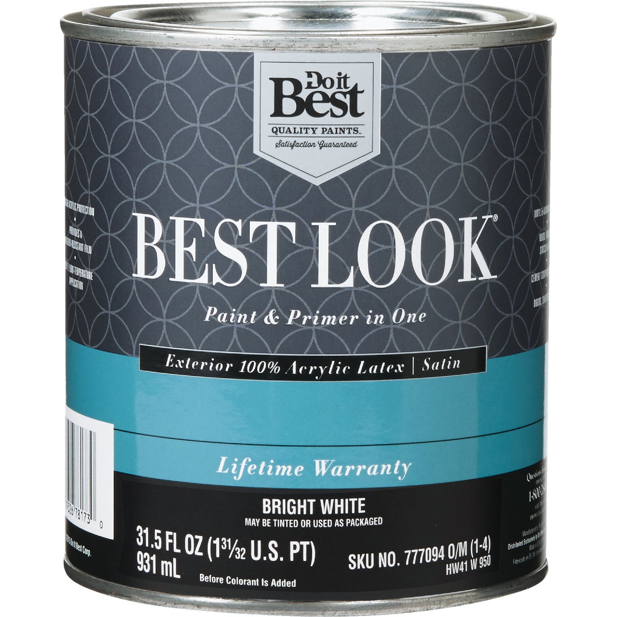 Best Look 100% Acrylic Latex Paint & Primer In One Satin Exterior House Paint, Bright White, 1 Qt.