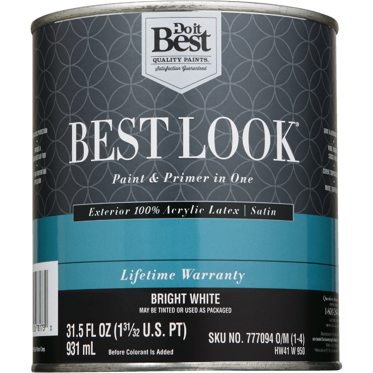 Best Look 100% Acrylic Latex Paint & Primer In One Satin Exterior House Paint, Bright White, 1 Qt.