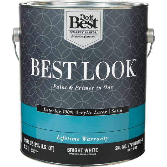 Best Look 100% Acrylic Latex Paint & Primer In One Satin Exterior House Paint, Bright White, 1 Gal.