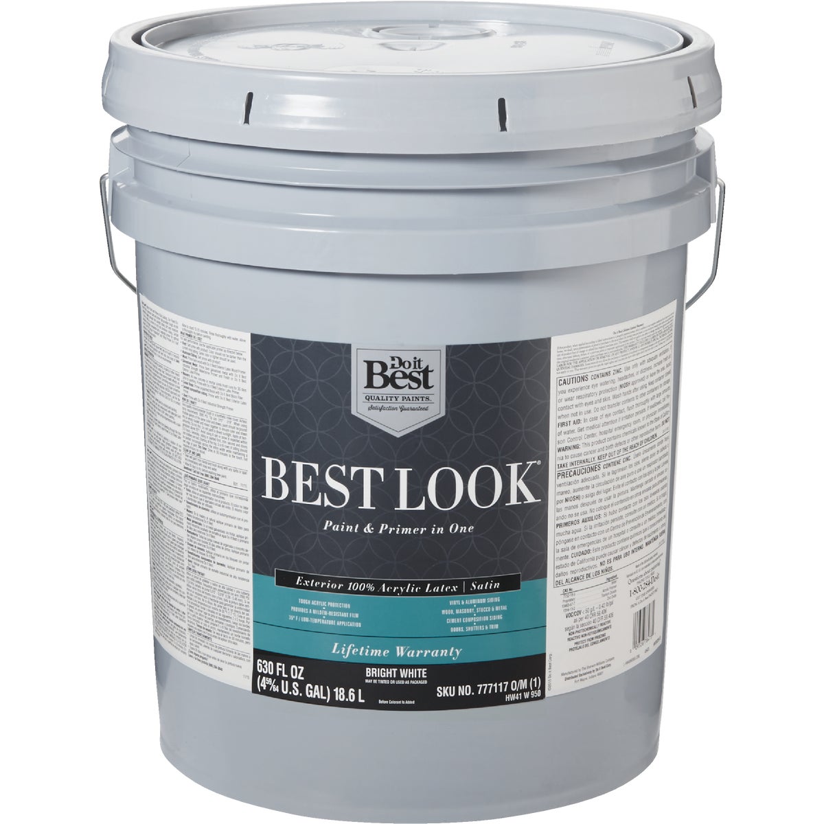 Best Look 100% Acrylic Latex Paint & Primer In One Satin Exterior House Paint, Bright White, 5 Gal.