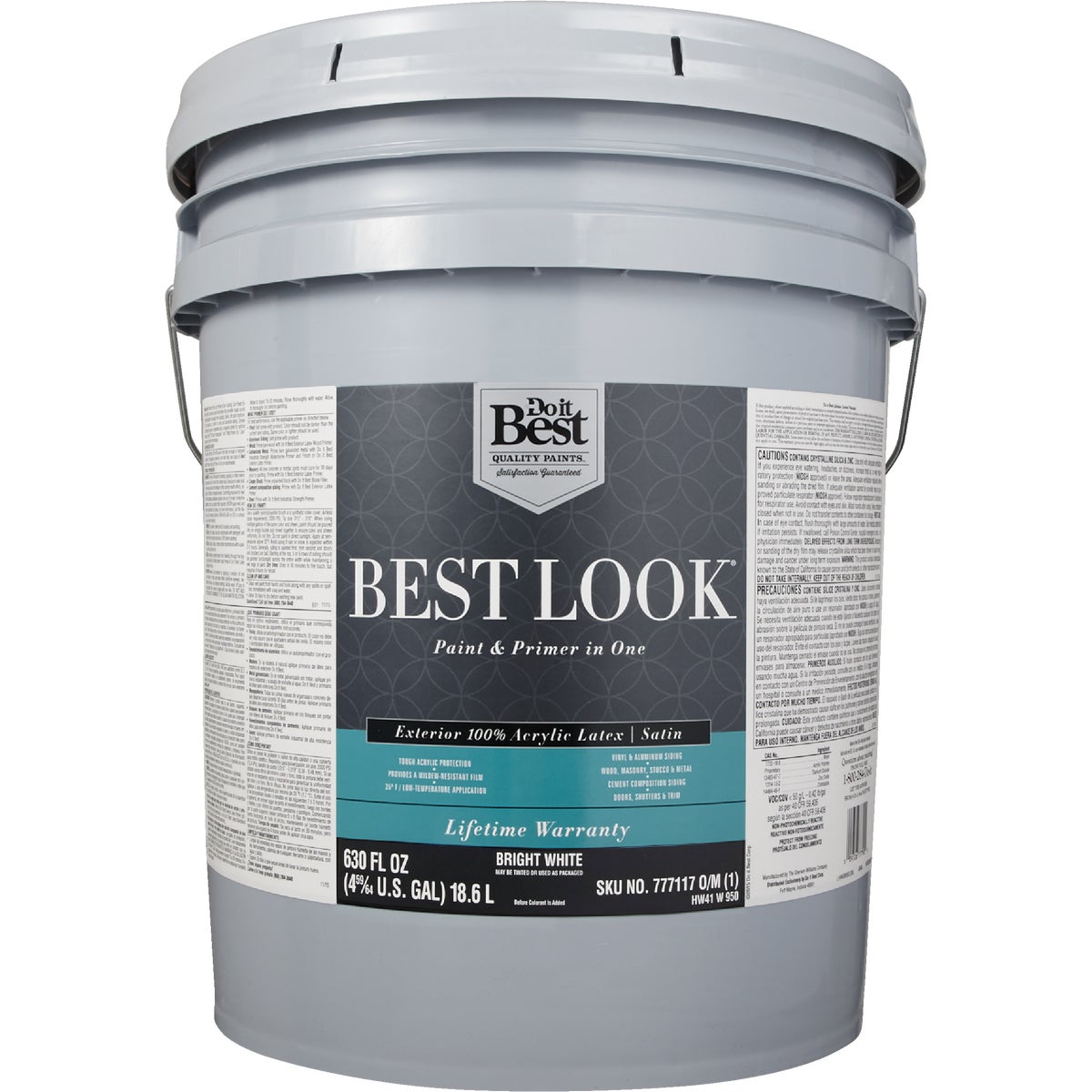 Best Look 100% Acrylic Latex Paint & Primer In One Satin Exterior House Paint, Bright White, 5 Gal.