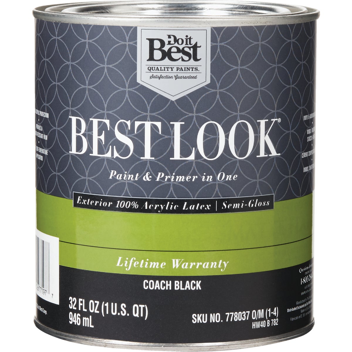 Best Look 100% Acrylic Latex Paint & Primer In One Semi-Gloss Exterior House Paint, Coach Black, 1 Qt.