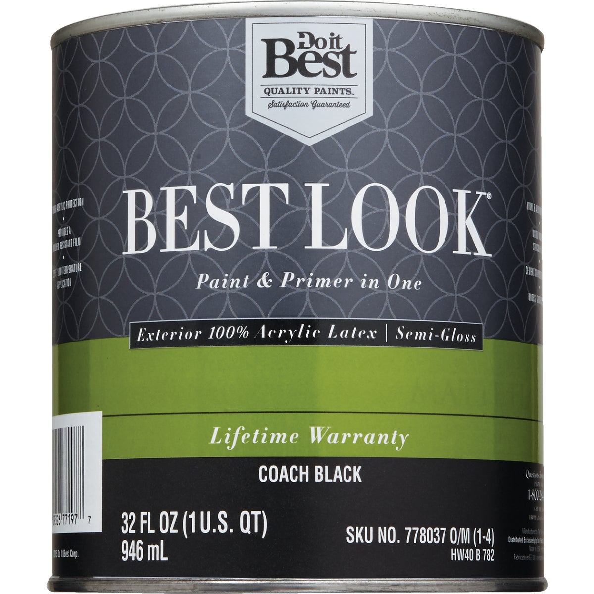 Best Look 100% Acrylic Latex Paint & Primer In One Semi-Gloss Exterior House Paint, Coach Black, 1 Qt.