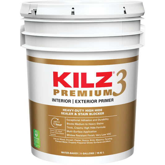 KILZ 3 Premium Water-Base Interior/Exterior Sealer Stain Blocking Primer, White, 5 Gal.