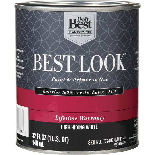 Best Look 100% Acrylic Latex Paint & Primer In One Flat Exterior House Paint, High Hiding White, 1 Qt.