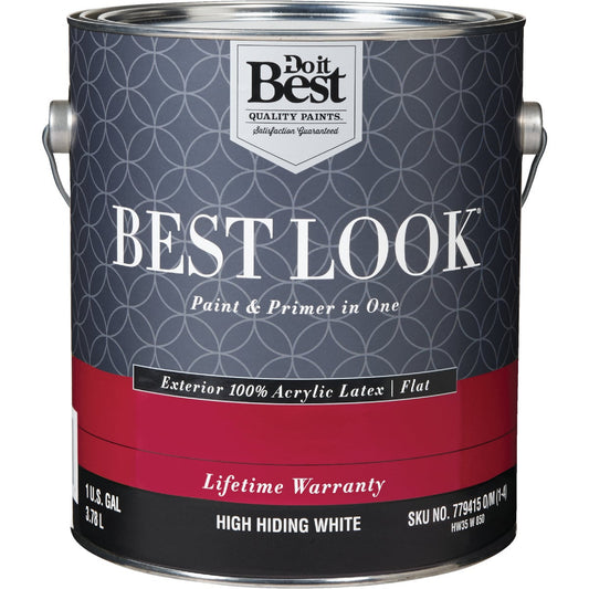 Best Look 100% Acrylic Latex Paint & Primer In One Flat Exterior House Paint, High Hiding White, 1 Gal.