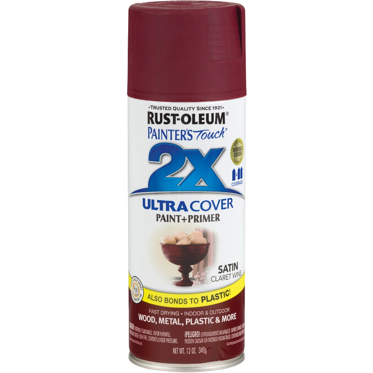 Rust-Oleum Painter's Touch 2X Ultra Cover 12 Oz. Satin Paint + Primer Spray Paint, Claret Wine