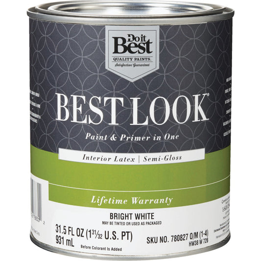 Best Look Latex Paint & Primer In One Semi-Gloss Interior Wall Paint, Bright White, 1 Qt.