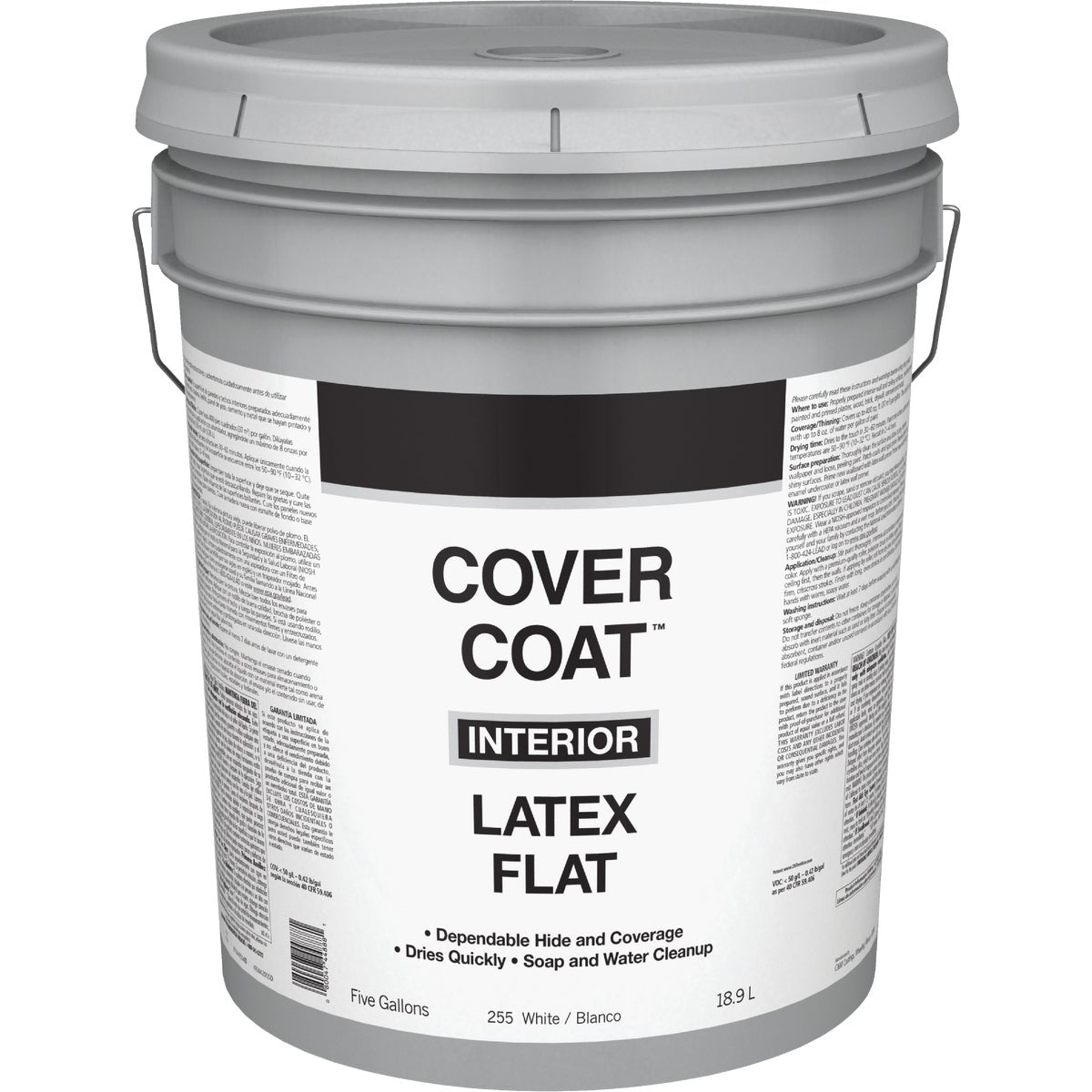 Cover Coat Latex Flat Interior Wall Paint, White, 5 Gal.