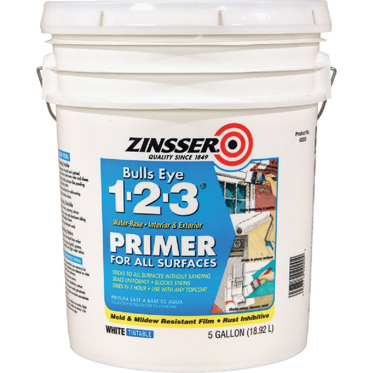 Zinsser Bulls Eye 1-2-3 Water-Base Interior/Exterior Stain Blocking Primer, White, 5 Gal.