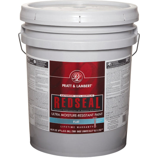 Pratt & Lambert RedSeal 100% Acrylic Flat Exterior House Paint, Base 1/White, 5 Gal.