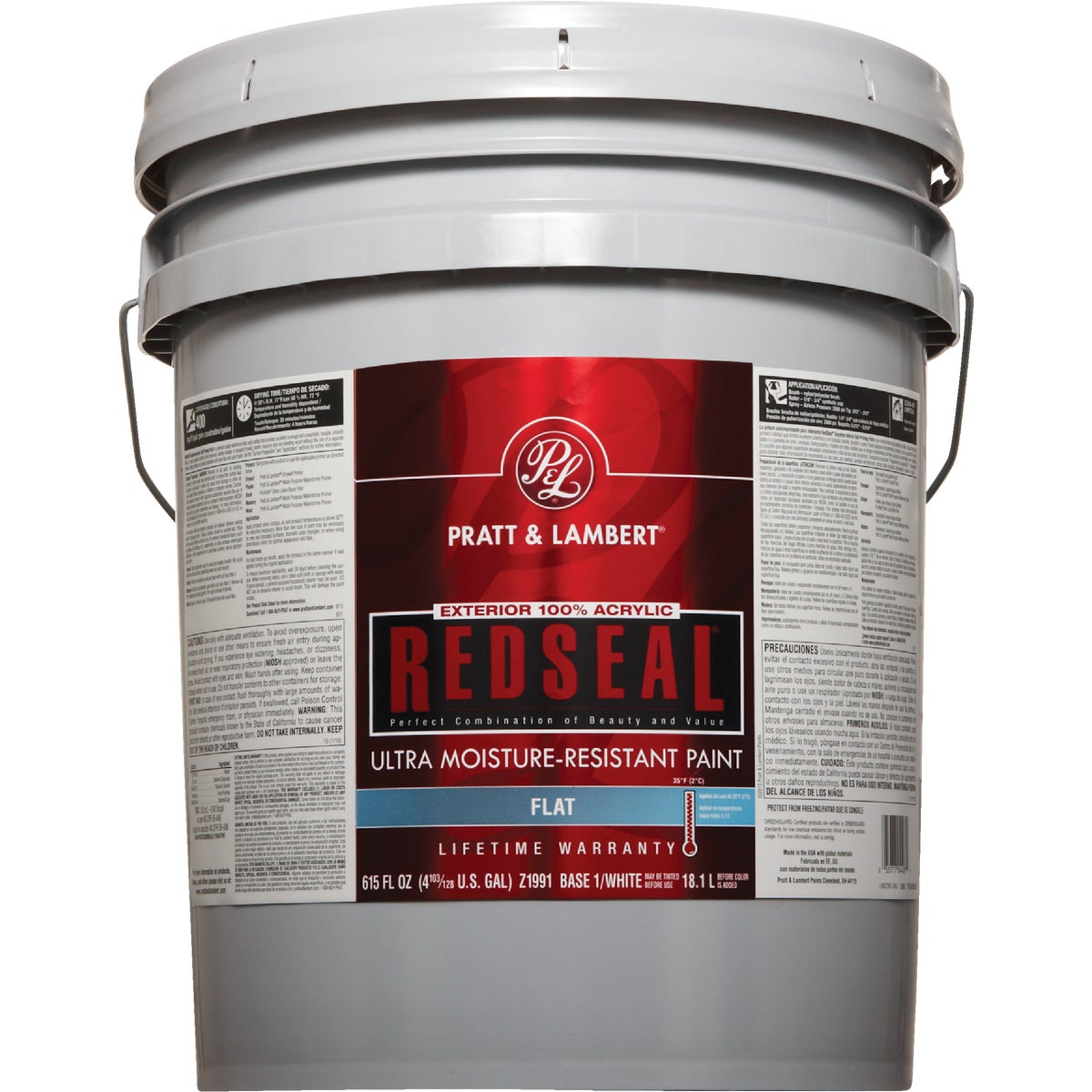 Pratt & Lambert RedSeal 100% Acrylic Flat Exterior House Paint, Base 1/White, 5 Gal.