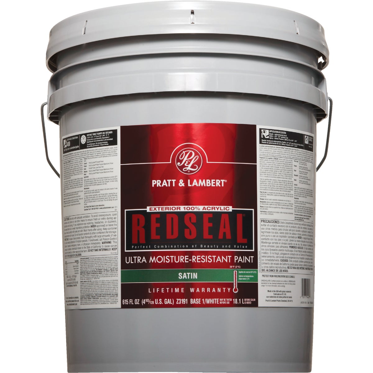 Pratt & Lambert RedSeal 100% Acrylic Satin Exterior House Paint, Base 1/White, 5 Gal.