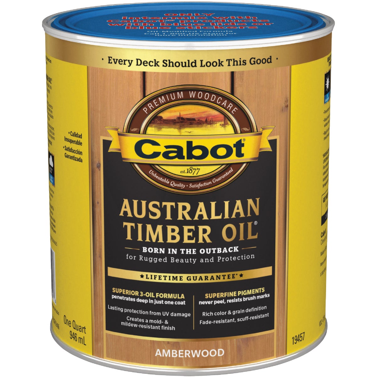 Cabot Australian Timber Oil Water Reducible Translucent Exterior Oil Finish, Amberwood, 1 Qt.