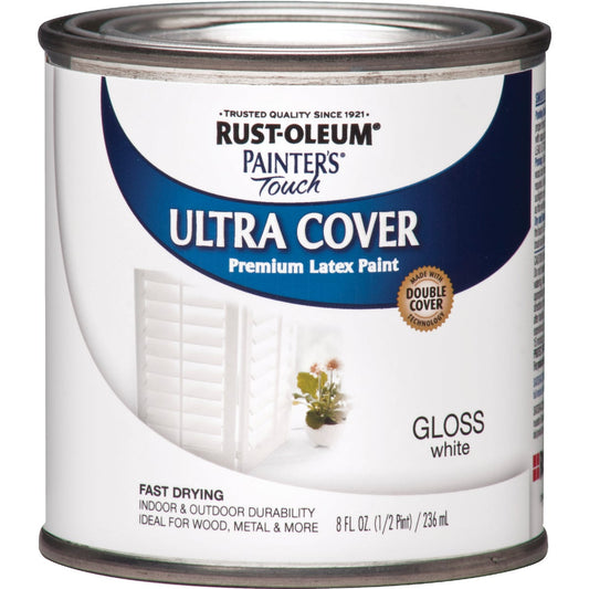 Rust-Oleum Painter's Touch 2X Ultra Cover Premium Latex Paint, White Gloss, 1/2 Pt.