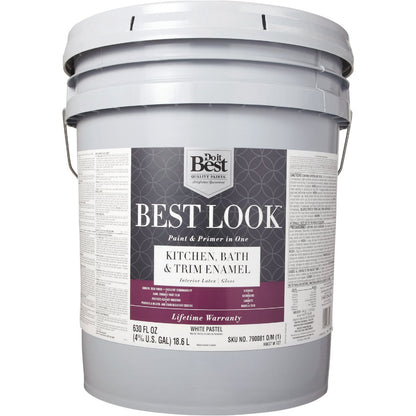Best Look Latex Paint & Primer In One Kitchen Bath & Trim Enamel Gloss Interior Wall Paint, White-Pastel Base, 5 Gal.