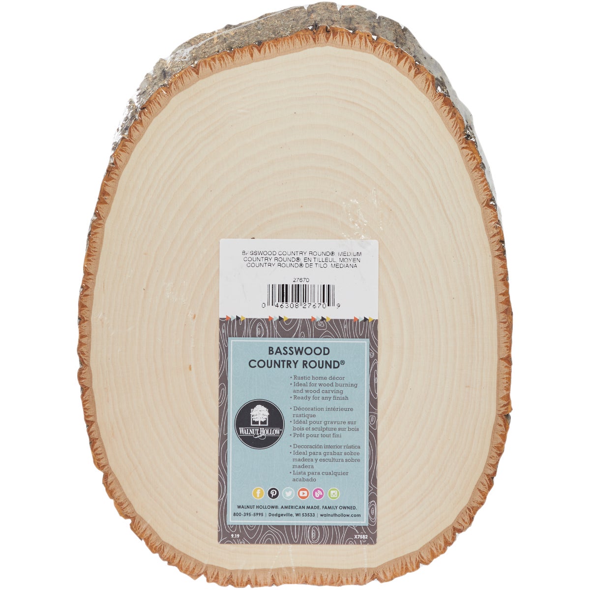 Walnut Hollow Basswood Country Rounds 7 to 9 In. Oval Live Edge Circle Plank