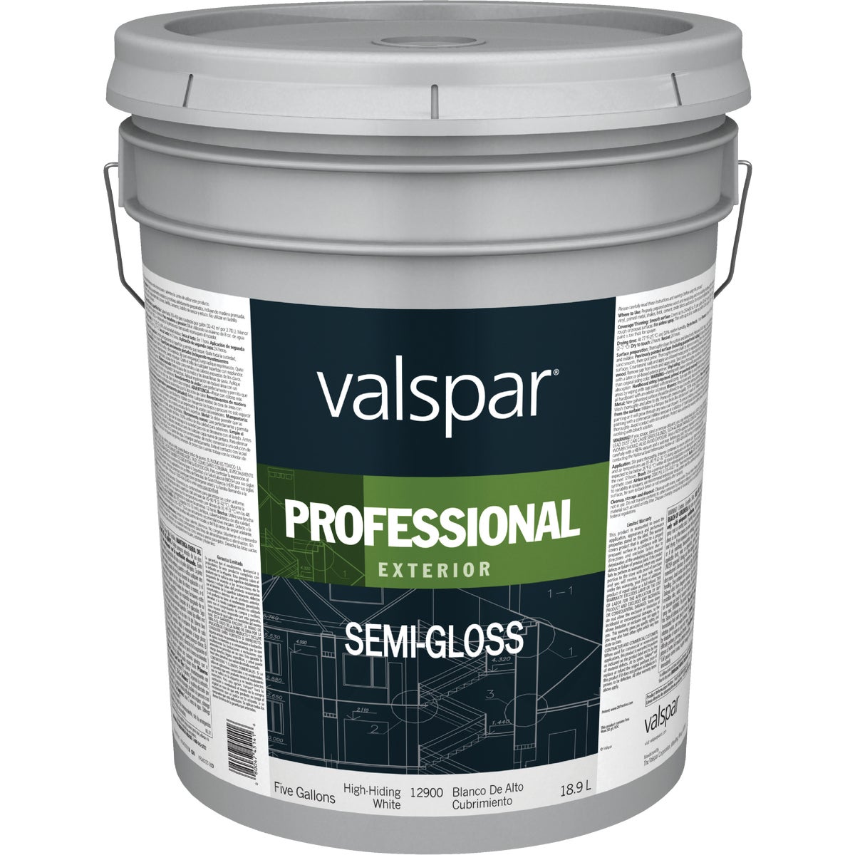 Valspar Professional 100% Acrylic Semi-Gloss Exterior House Paint, White, 5 Gal.