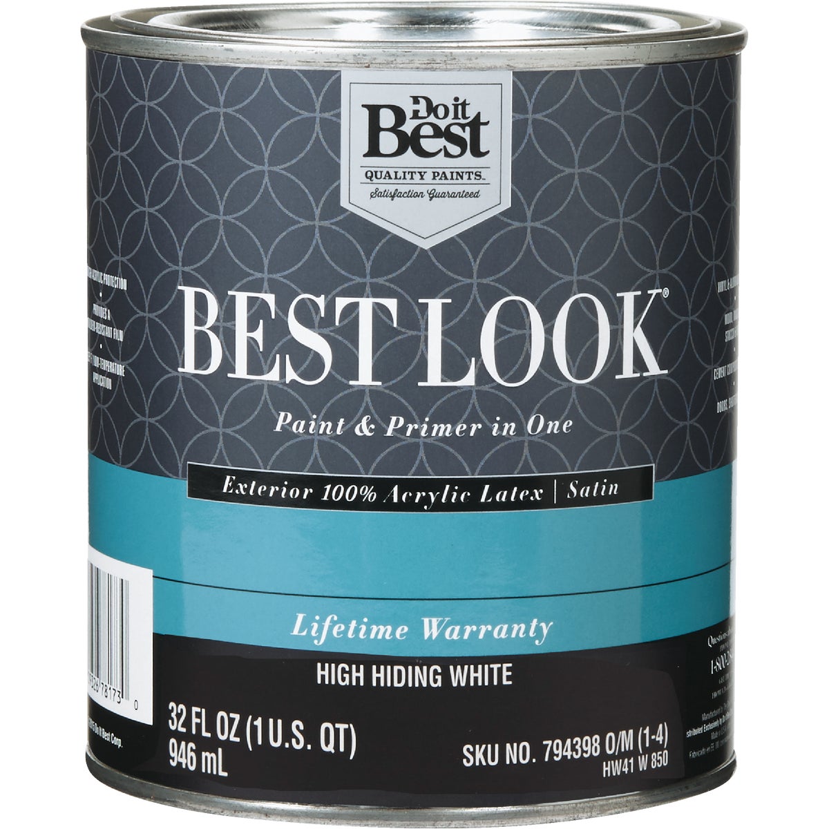 Best Look 100% Acrylic Latex Paint & Primer In One Satin Exterior House Paint, High Hiding White, 1 Qt.