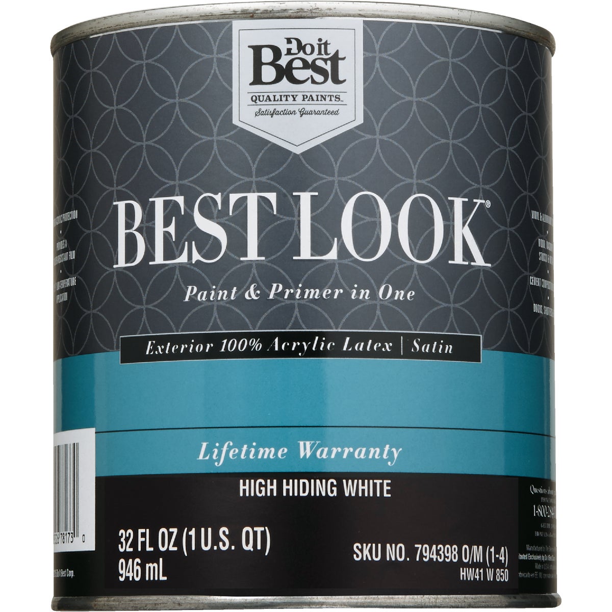 Best Look 100% Acrylic Latex Paint & Primer In One Satin Exterior House Paint, High Hiding White, 1 Qt.