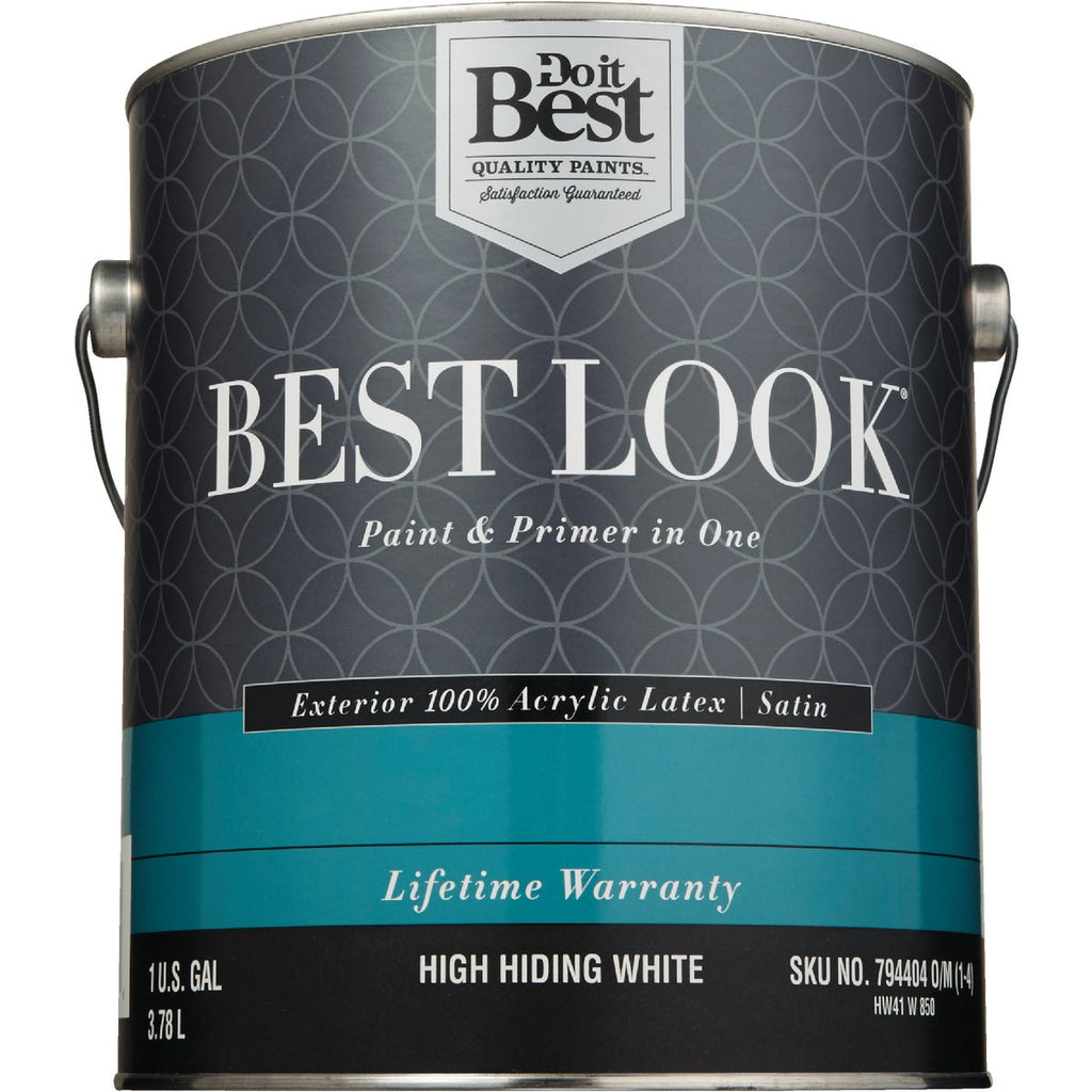 Best Look 100% Acrylic Latex Paint & Primer In One Satin Exterior House Paint, High Hiding White, 1 Gal.