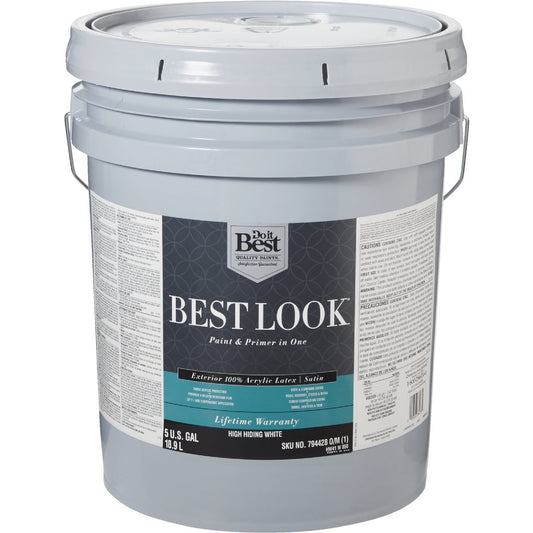 Best Look 100% Acrylic Latex Paint & Primer In One Satin Exterior House Paint, High Hiding White, 5 Gal.