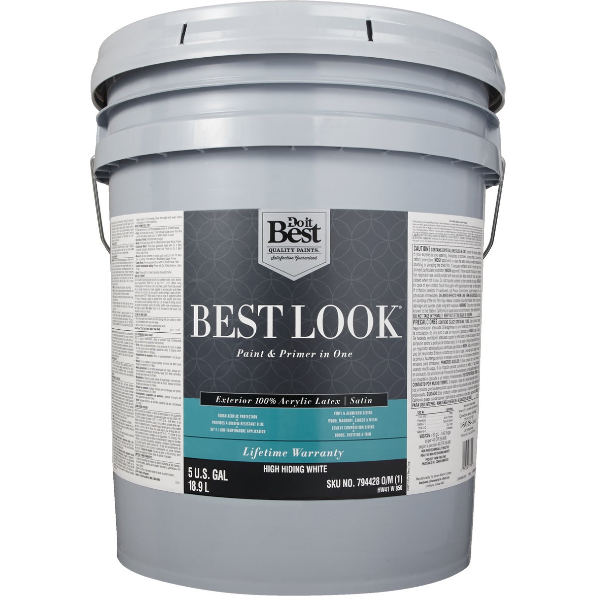 Best Look 100% Acrylic Latex Paint & Primer In One Satin Exterior House Paint, High Hiding White, 5 Gal.