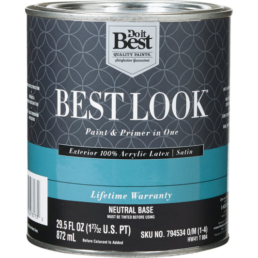 Best Look 100% Acrylic Latex Paint & Primer In One Satin Exterior House Paint, Neutral Base, 1 Qt.