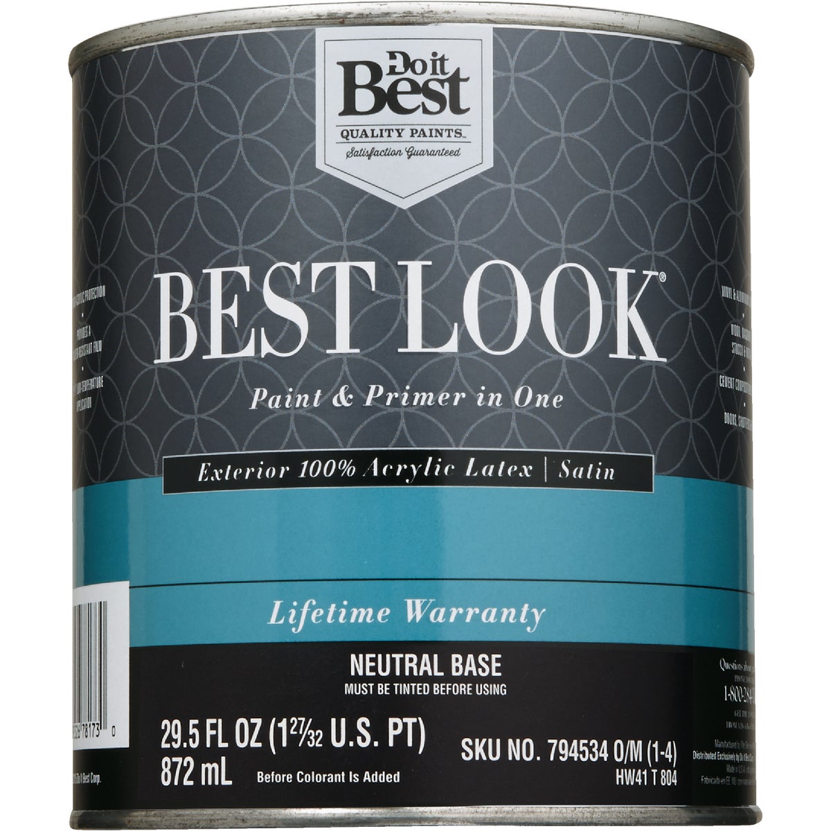 Best Look 100% Acrylic Latex Paint & Primer In One Satin Exterior House Paint, Neutral Base, 1 Qt.