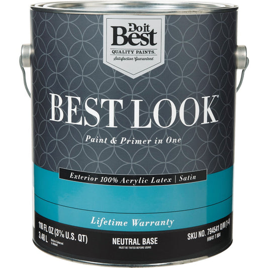 Best Look 100% Acrylic Latex Paint & Primer In One Satin Exterior House Paint, Neutral Base, 1 Gal.