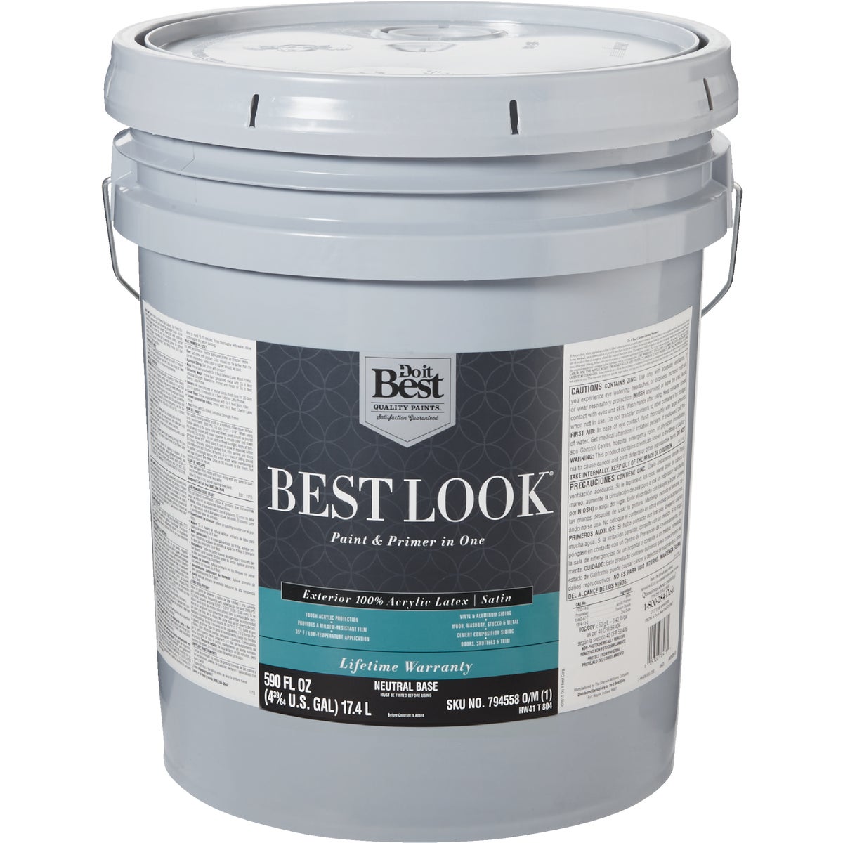 Best Look 100% Acrylic Latex Paint & Primer In One Satin Exterior House Paint, Neutral Base, 5 Gal.