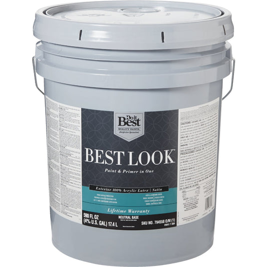 Best Look 100% Acrylic Latex Paint & Primer In One Satin Exterior House Paint, Neutral Base, 5 Gal.