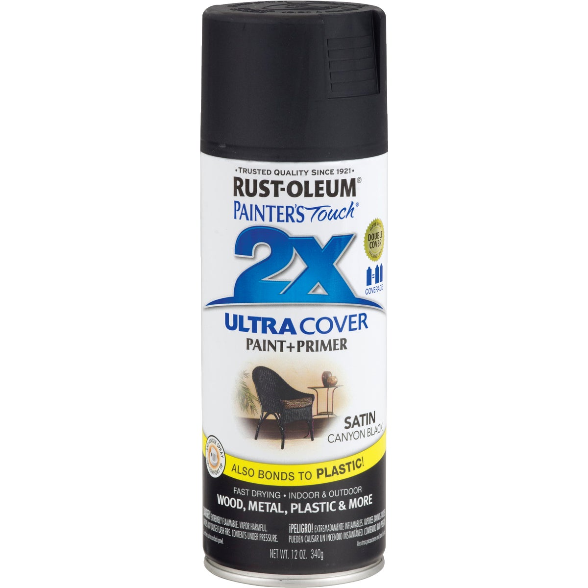 Rust-Oleum Painter's Touch 2X Ultra Cover 12 Oz. Satin Paint + Primer Spray Paint, Canyon Black