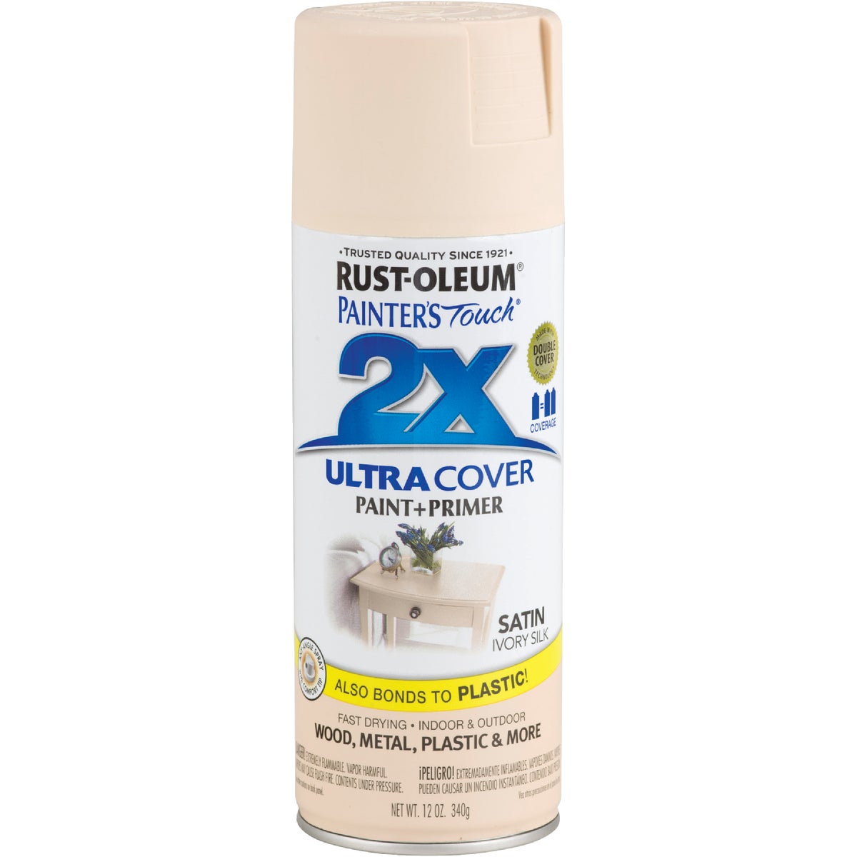 Rust-Oleum Painter's Touch 2X Ultra Cover 12 Oz. Satin Paint + Primer Spray Paint, Ivory Silk